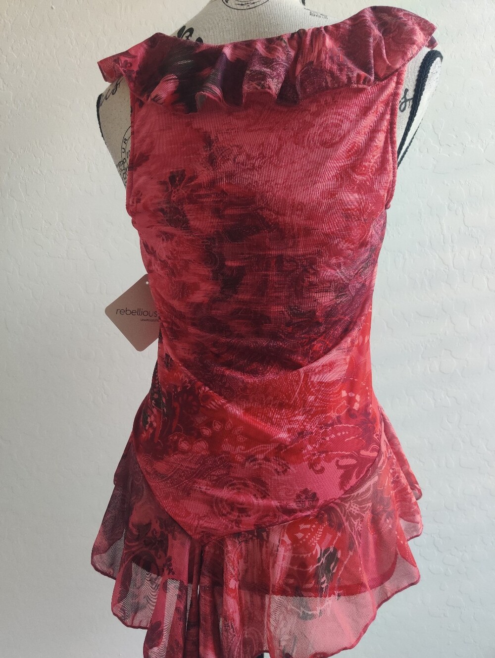 🆕 Rebellious Red Floral Paisley Ruffled Asymmetric Peplum Top Fairy Whimsigoth - Picture 7 of 12